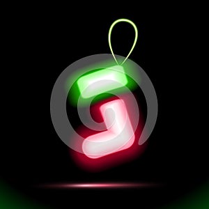 Red gift Christmas sock vector icon Neon lamp, celebrations button for presentation design on black background. Fluorescent object