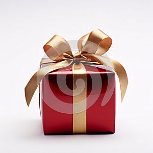 Red gift with gold bow on white background. Gifts as a day symbol of present and love