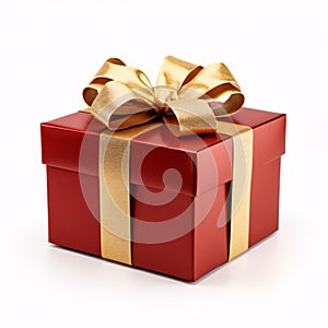 Red gift with gold bow white isolated background. Gifts as a day symbol of present and