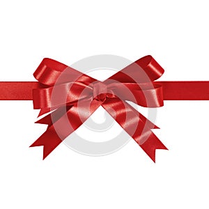 Red gift ribbon bow straight horizontal isolated on white