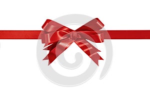 Red gift ribbon bow straight horizontal isolated on white.