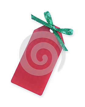 Red gift tag with green sparkling bow