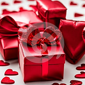 Red giftboxes and hearts romance Valentines day backgroun, AI generated image