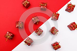 Red gifts decorations for decorative design. Isolated background. Christmas, new year concept. White and red background.