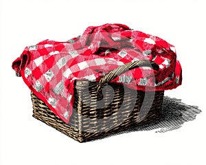 Red Gingham Picnic Basket on White Background