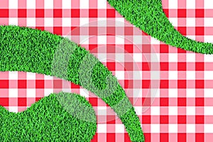 Red gingham plaid and green grass background. Vector picnic poster design. Horizontal banner with tablecloth on lawn