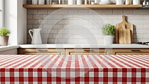 Red Gingham Tablecloth on Empty Table in Blurred Modern Kitchen