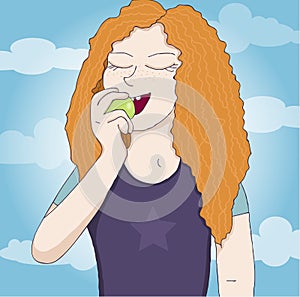 Red girl eating apple cartoon illustration