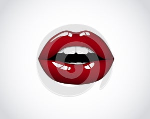 Red girl lips. Woman red mouth. Female chic velvet kiss with lipstick, gloss.Valentines, mothers day logo