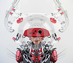 Red girl robot with huge ai hat, 3d rendering