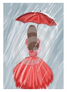 Red girl with umbrella in the rain