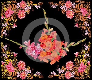 Red gladiolus flowers in rose frame