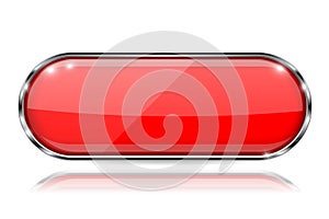 Red glass 3d button with metal frame. Oval shape. With reflection on white background