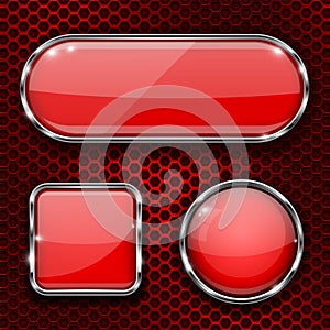 Red glass 3d buttons with chrome frame on metal perforated background