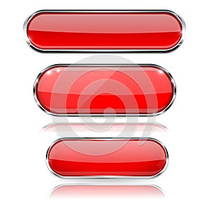 Red glass 3d buttons with chrome frame. Oval icons