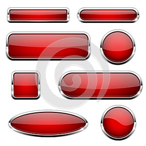 Red glass 3d buttons. With chrome frame. Set of web icons