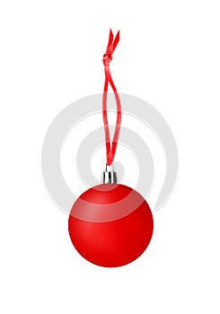 Red glass ball hanging on ribbon on white background isolated close up, Ð¡hristmas tree decoration, shiny round bauble, new year