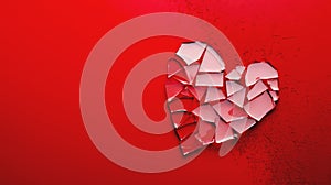 Red glass broken heart. Shiny heart with cracks made of bright red glass isolated on a red background. Relationship