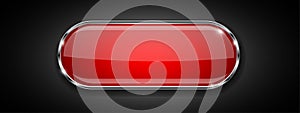 Red glass button on black background. Shiny 3d icon with metal frame