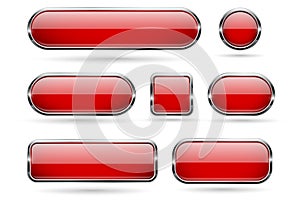 Red glass buttons with chrome frame. 3d icons