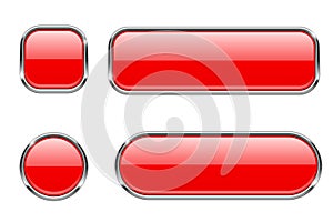 Red glass buttons with chrome frame. Set of blank shiny 3d web icons