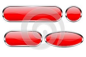 Red glass buttons. Set of 3d shiny icons with chrome frame