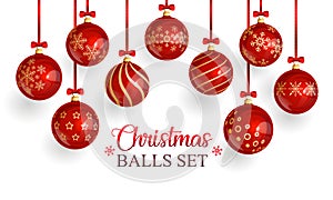 Red glass christmas balls with christmas ornament and red bows