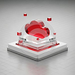 Red Glass Cloud Icon on a Stacked Platform with Floating Cubes computing data