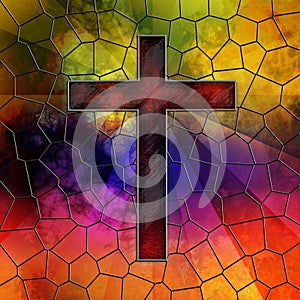 Red Glass Cross on stained glass window panel