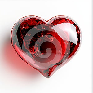 Red glass heart on white background, romanticism, glass heart sculpture