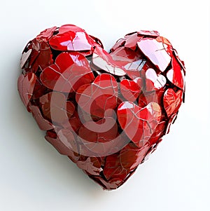 Red glass heart on white background, romanticism, glass heart sculpture