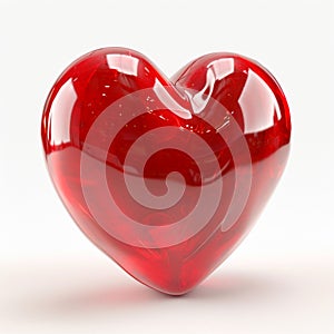 Red glass heart on white background, romanticism, glass heart sculpture