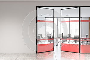 Red and glass meeting room interior, mock up