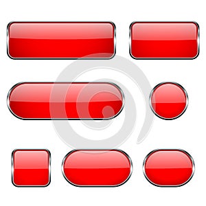 Red glass oval, round, square buttons with chrome frame. 3d icons