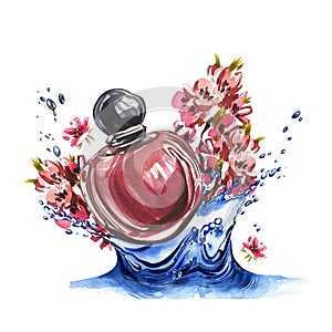 Red glass perfume bottle with water splashing, flowers isolated on white. Watercolor hand drawn illustration. Art design