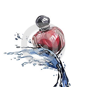 Red glass perfume bottle with water splashing isolated on white background. Watercolor handrawn illustration. Art design