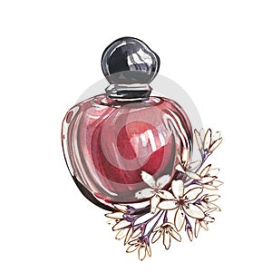 Red glass perfume bottle with white abstract flowers isolated on white. Watercolor handrawn illustration. Art for design