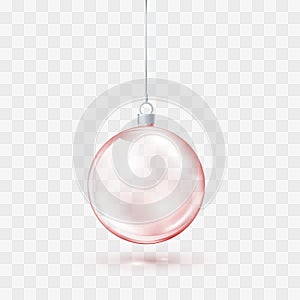 Red Glass transparent Christmas ball. Xmas glass ball on transparent background. Holiday decoration template. Vector illustration