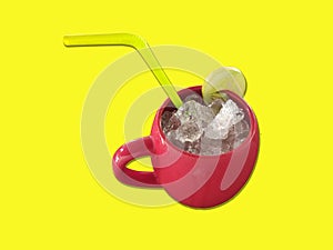 Red glass with yellow tube have a cold drink mix with ice,