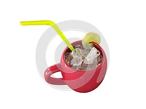 Red glass with yellow tube have a cold drink mix with ice,