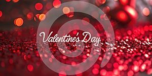 red glitter background with text Valentine's Day, card, banner