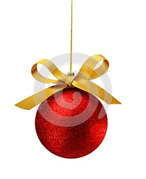 Red Glitter Bauble Gold Bow isolated on white