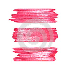 Red glitter brushstrokes set isolated at white background. Shiny texture paint stain illustration
