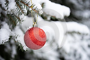 Red glitter Christmas bauble hanging from snow-covered Christmas tree branch outdoors