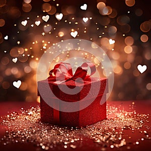 Red glitter gift with a red bow around scattered gold glitter in the back bright heart side effect. Gifts as a day symb