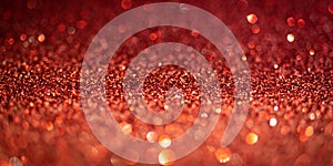 Red glitter lights. Shiny sparkles, bokeh effects, glowing surface. Selective focus, christmas abstract banner