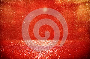 Red glitter vintage lights background. defocused.