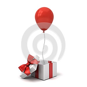 Red glossy balloon coming out from the open gift box or present box with red ribbon bow isolated on white