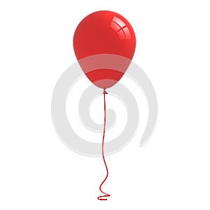 Red glossy balloon with curved ribbon rope isolated on white background