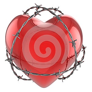 Red glossy heart surrounded by barbed wire